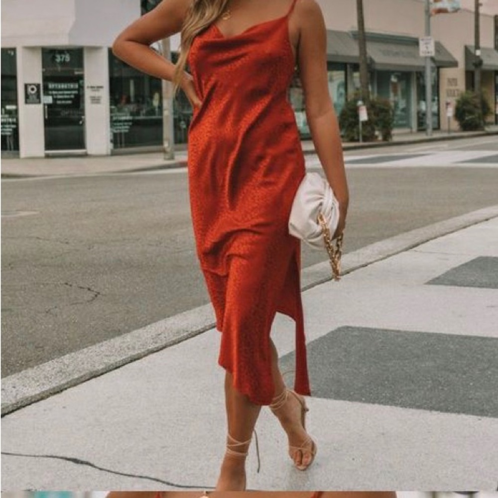 Vici Runi Asymmetrical Leopard Midi Slip Dress in Rust | S